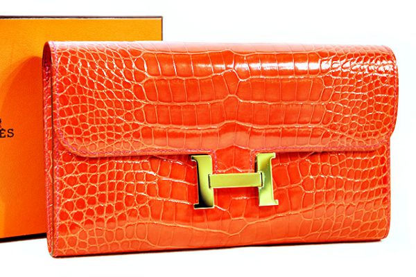 エルメス HERMES アリゲーター コンスタンスロング 長財布 橙色 ブランド