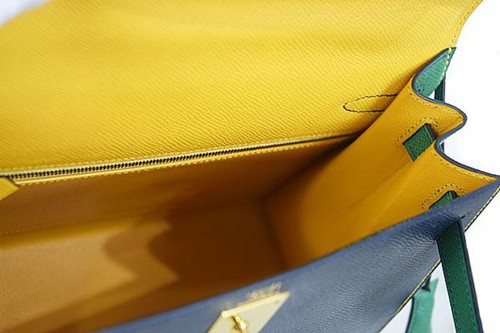エルメス ケリー　28cm　外縫い　クシュベル　紺×緑×黄　３色 トリコロール　ゴールド金具　〇Ｘ刻印　本物　未使用！